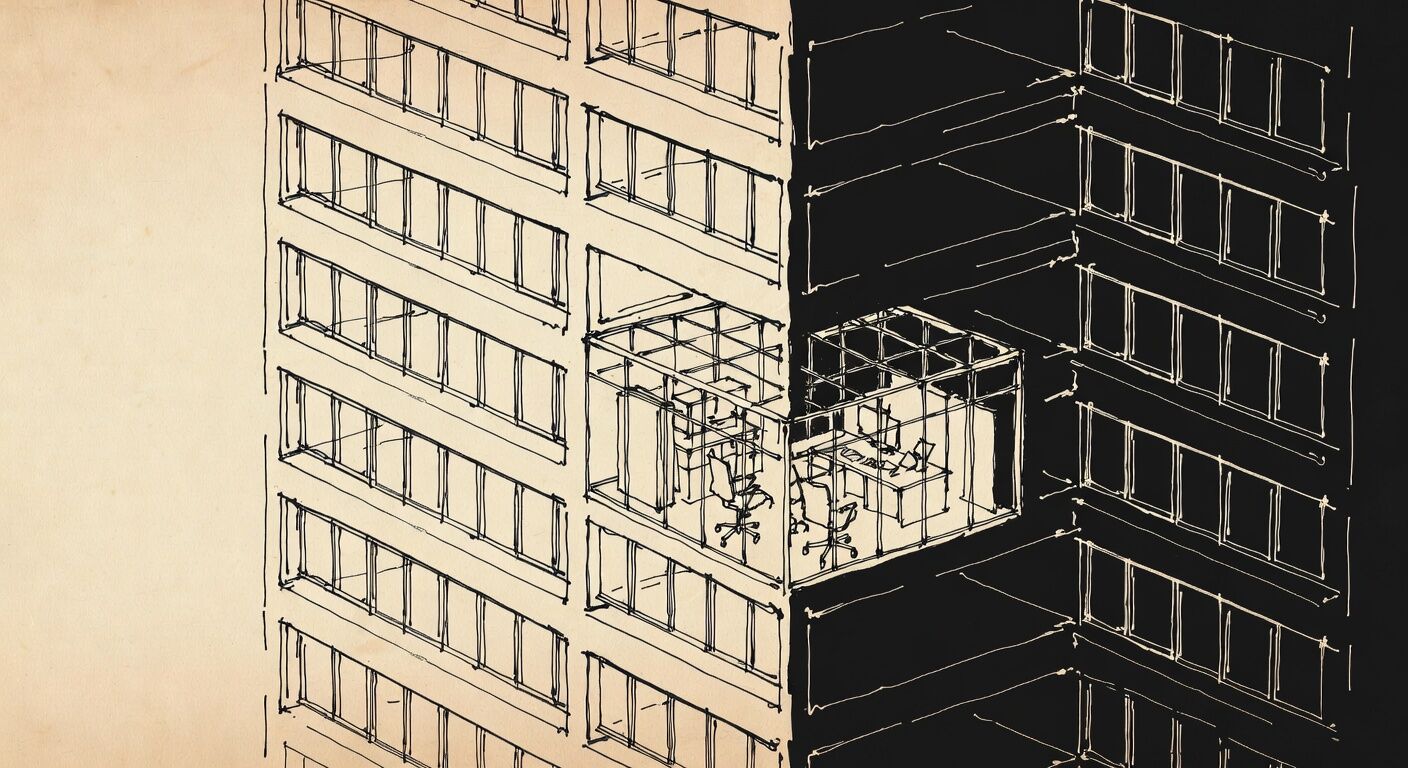 Person working at desk in isolated glass chamber within multi-story office building cross-section, surrounded by papers, contrasting with shadowed disconnected floors.