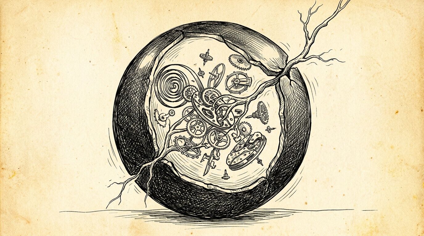Black ink drawing of a cracked stone sphere revealing suspended antique clockwork gears intertwined with a gnarled root.