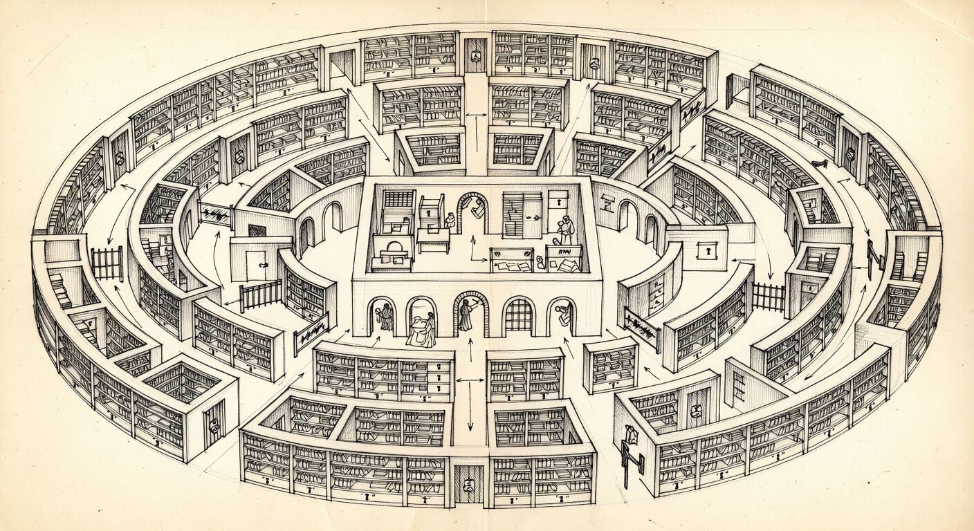 Cross-section view of an ancient library or archive showing nested chambers and centralized gatekeeping controlling access throughout